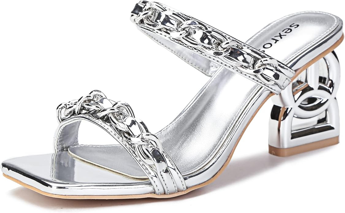sexrosly Women's Heeled Sandals Chain Block Chunky Heels Mules Square Toe Backless Fashion Dress ... | Amazon (US)