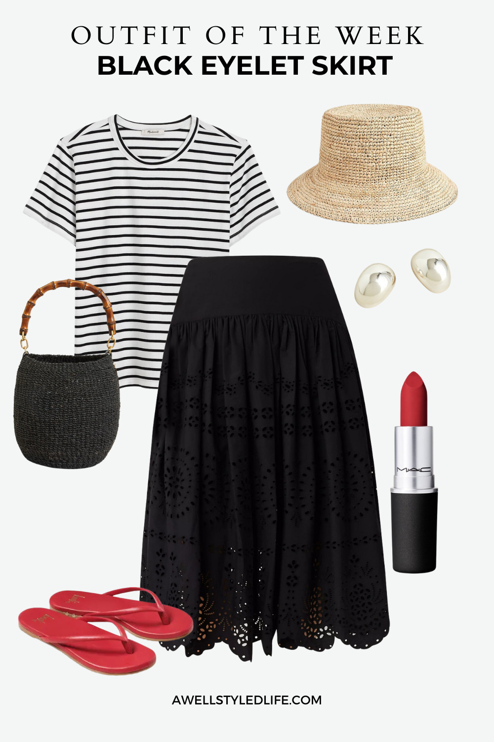 Spring outfit with black eyelet skirt, striped tee, red flip-flops, Claire V Honey Pot bag, silver earrings, and red lipstick
casual style casual skirt  

 #LTKOver40 #LTKShoeCrush #LTKItBag