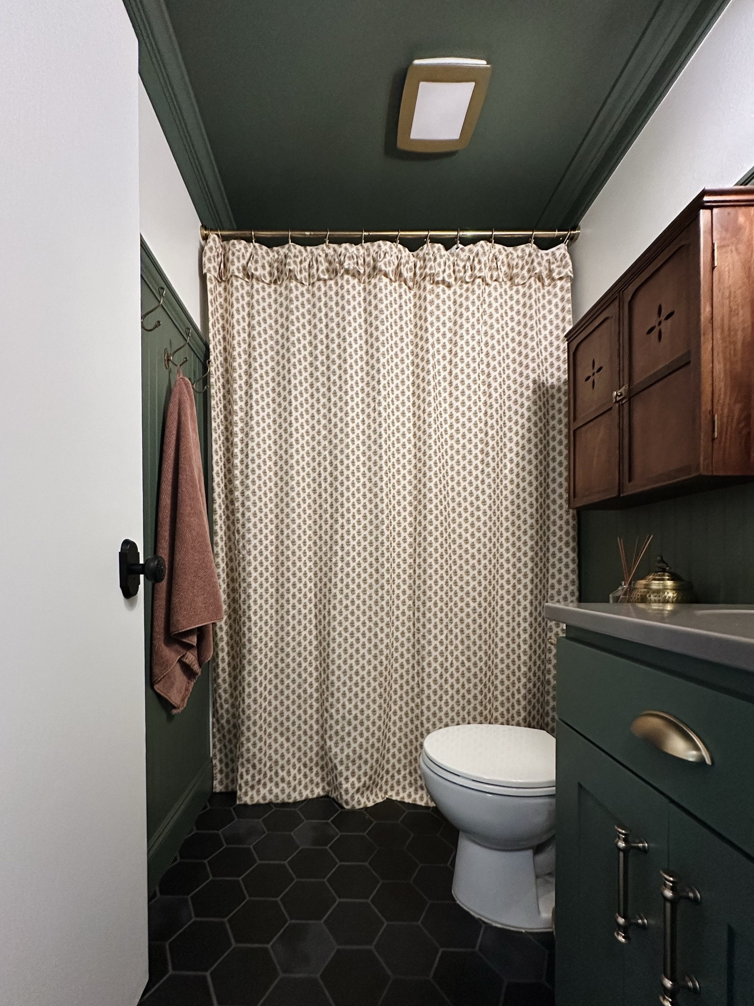 Green moody bathroom, Rosemary by Sherwin Williams, amber Lewis interiors shower curtain, paisley shower curtain, magnolia wooden bathroom cabinet, brass bathroom vanity hardware, Amazon finds, casaluna towels target, gold exhaust fan, bathroom updates

#LTKHome