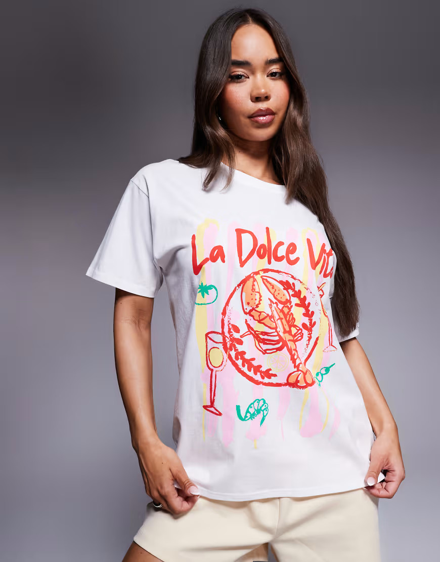 Kaiia exclusive La Dolce Vita lobster graphic oversized t-shirt in white | ASOS (Global)