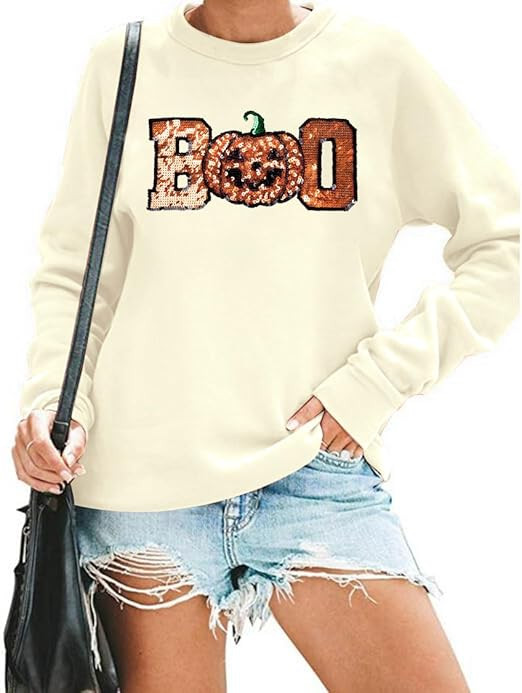 MAXIMGR Halloween Sweatshirt Women Boo Sequin Sweatshirts Halloween Pumpkin Graphic Long Sleeve F... | Amazon (US)