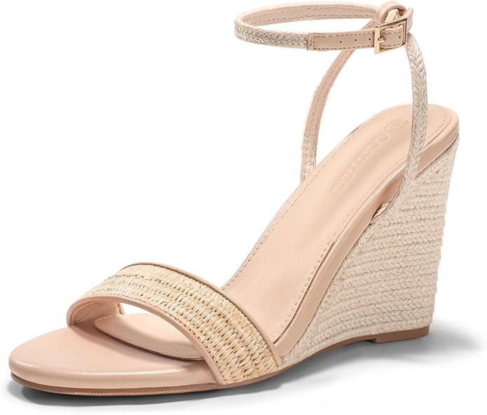 Coutgo Womens Raffia Wedge Sandals Espadrilles Open Toe Ankle Strap Summer Beach Shoes | Amazon (US)