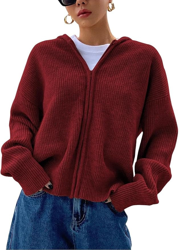 SOLY HUX Zip Up Cardigan for Women Hooded Cardigan Sweater Knitted Drop Shoulder Fall Clothes Win... | Amazon (US)
