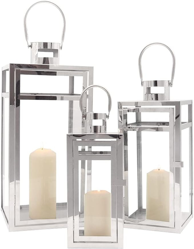 TRIROCKS Stainless Steel Lantern Set of 3, 19" Tall Metal Hanging Lanterns with Clear Glass Panel... | Amazon (US)