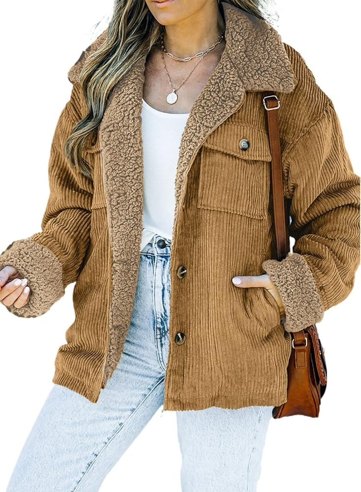 Dokotoo Corduroy Sherpa Jacket for Women Button Down Fleece Fur Collar Winter Warm Coat | Amazon (US)