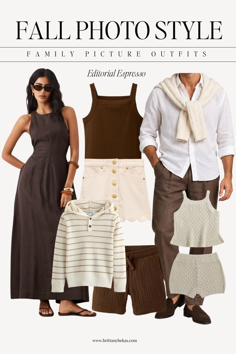 Chocolate brown is one of my favorite colors for fall family photos this year. This look mixes espresso, cream and ivory with easy tailored pieces for a more elevated, editorial family photo outfit idea. Perfect if you want neutrals that still feel current.