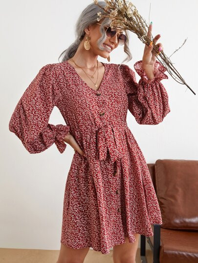 SHEIN Ditsy Floral Flounce Sleeve Single Breasted Belted Dress | SHEIN