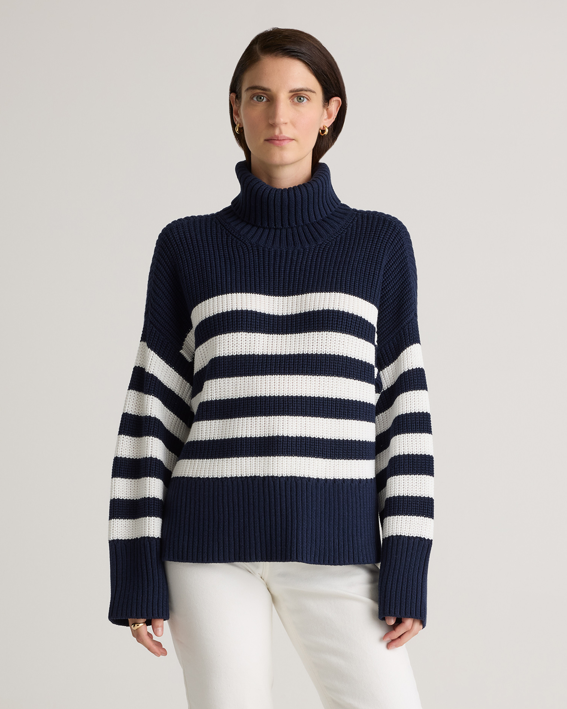 Quince | Women's Split Hem Turtleneck Sweater in Navy/White, Size Medium, Organic Cotton | Quince