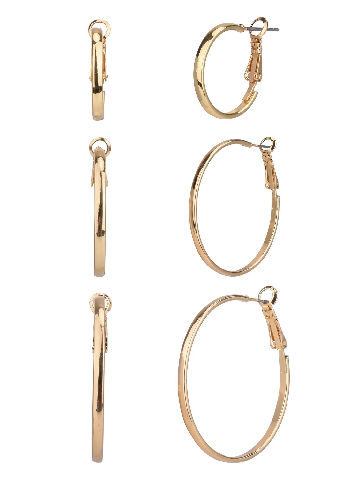 Time and Tru Adult Women's 3 Pair Gold Tone Thin Metal Hoop Earring Set | Walmart (US)