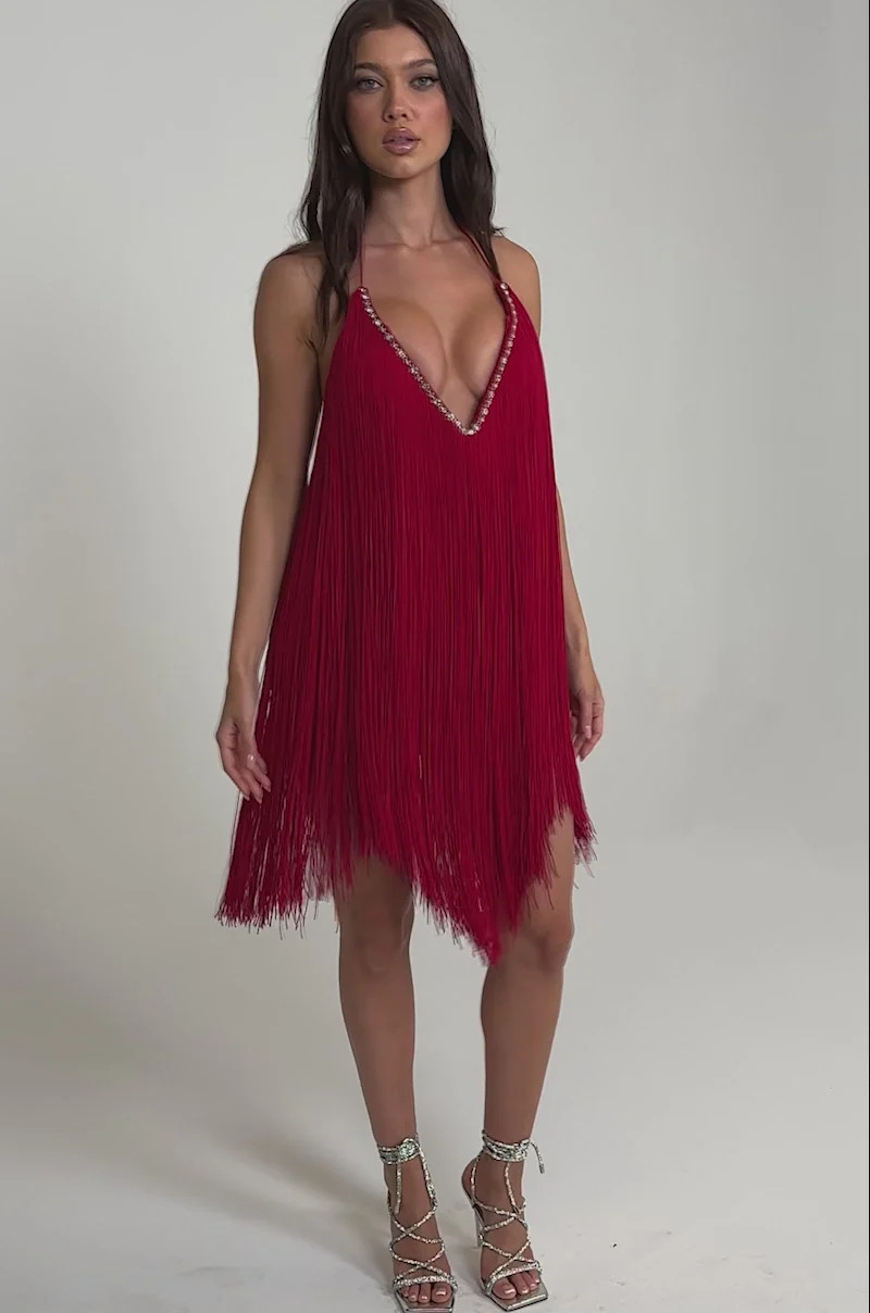 LET'S CELEBRATE FRINGE MINI DRESS IN RED | AKIRA