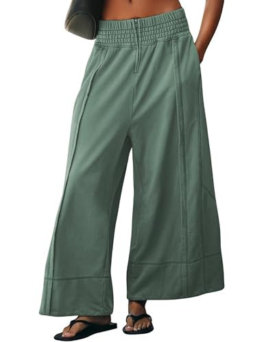 TAQCUX Womens Wide Leg Pants Casual Elastic High Waist Baggy Sweatpants Loose Cotton Lounge Palazzo Trousers(GreyGreen-S) | Amazon (US)