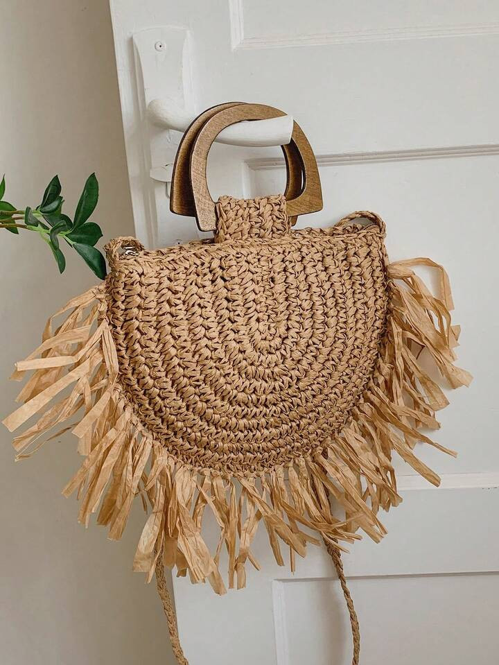 Fashionable Handmade Woven Bag With Wooden Handle | SHEIN
