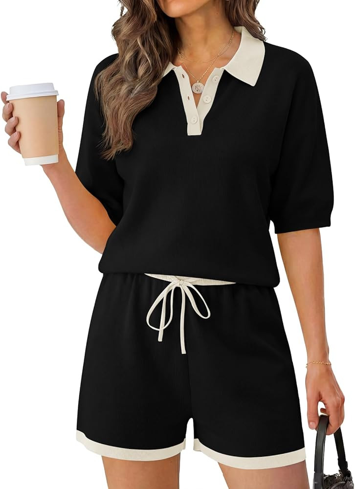 Tankaneo Womens 2 Piece Sweater Short Sets 2026 Summer Vacation Outfits Short Sleeve Knit Collare... | Amazon (US)