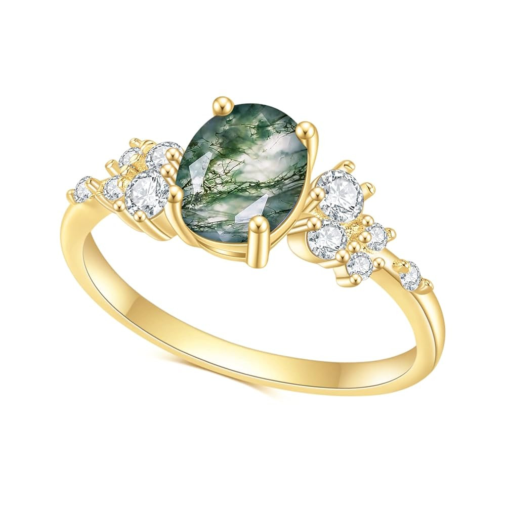 Gem's Beauty Green Moss Agate Rings 14K Gold/14K Rose Gold Three Stone Engagement Ring in 925 Ste... | Amazon (US)