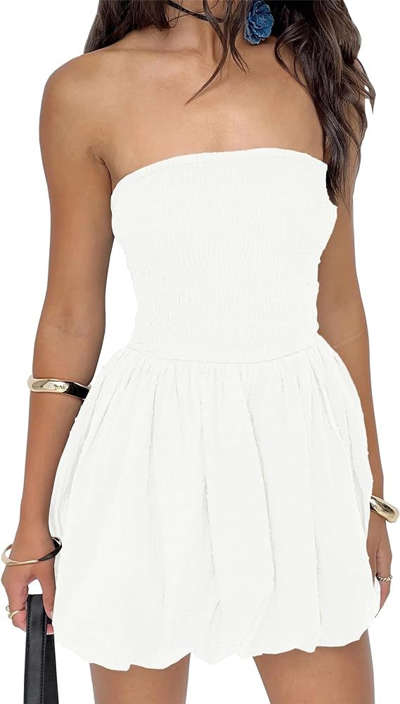 Tube Top Dress for Women Summer Solid Strapless Mini Dresses, Off The Shoudle Ruffle Beach Dress | Amazon (US)