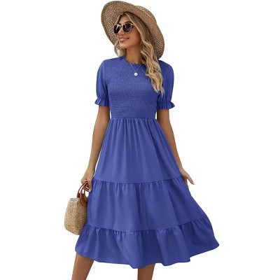 Women's Puff Short Sleeve Smocked Midi Dress Casual Summer Floral Print Elastic Waist Tiered A Line Maxi Dress Royal Blue S | Target