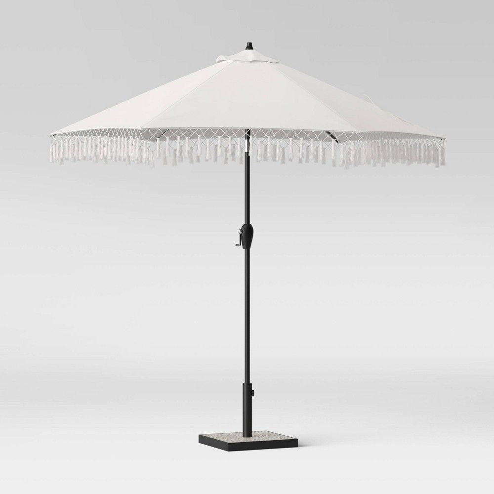 9' Round Fringed Patio Umbrella Linen - Black Pole - Opalhouse | Target