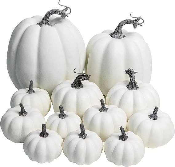 WangLaap 12 Pcs Assorted White Artificial Pumpkins Set Fake Paintable Pumpkins Bulk Decoration fo... | Amazon (US)