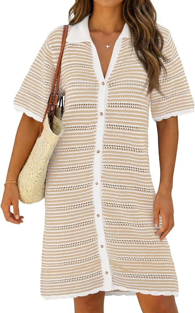 Fisoew Womens Striped Swimsuit Coverup Crochet Hollow Out Summer Button Down Short Sleeve Beach V... | Amazon (US)