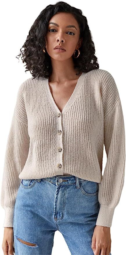 SheIn Women's Bishop Long Sleeve Button Front Cardigan Sweater Coat Solid V Neck Jacket Outerwear | Amazon (US)