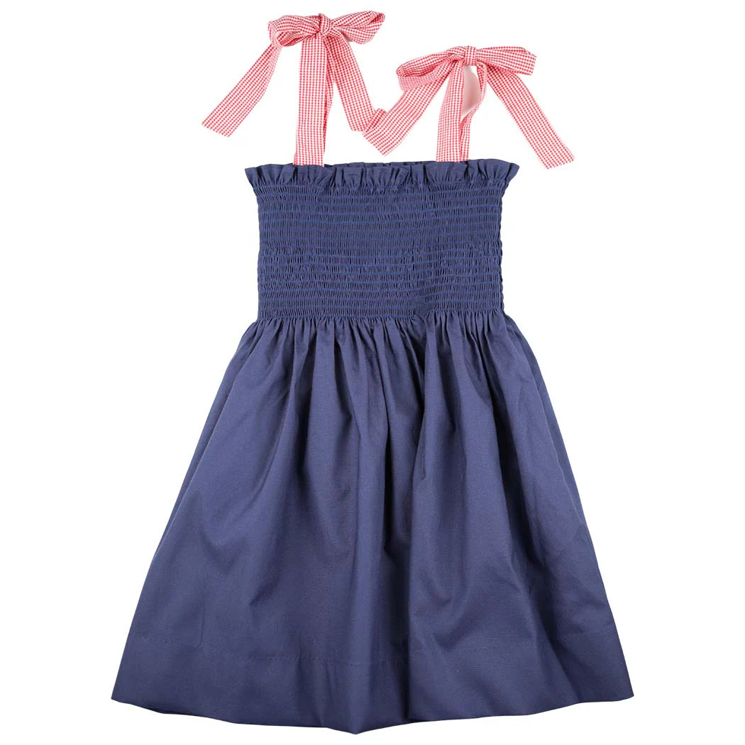Girls Patriotic Navy Smocked Dress with Gingham Tie Straps | The Bella Bean