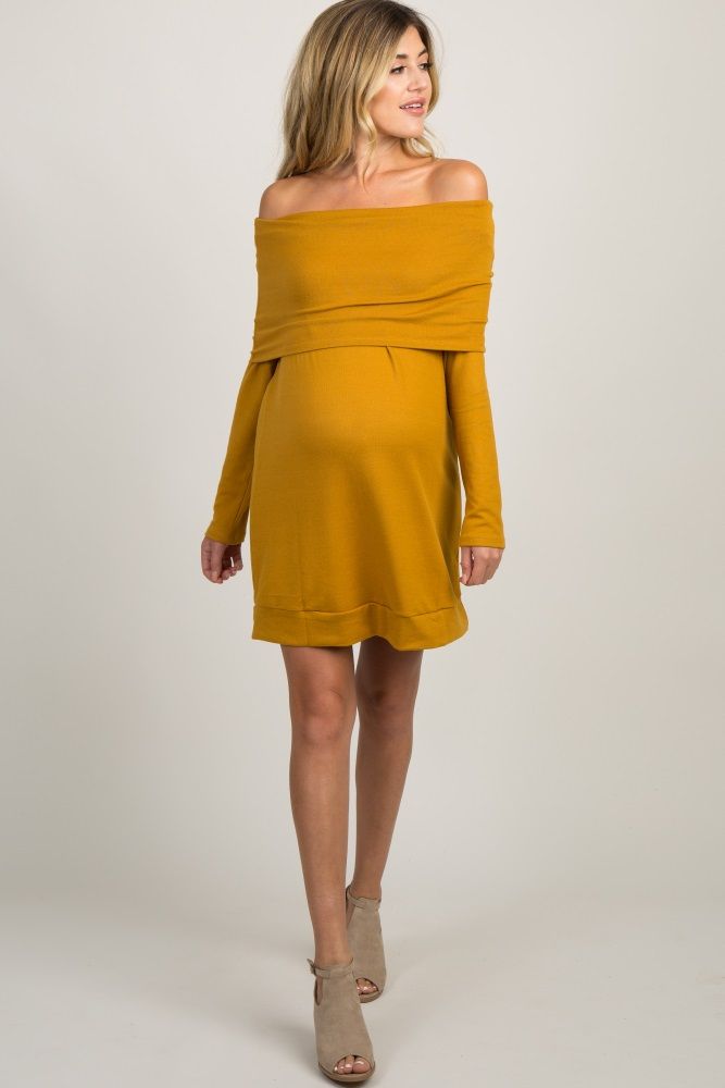 Mustard Foldover Off Shoulder Knit Maternity Dress | PinkBlush Maternity