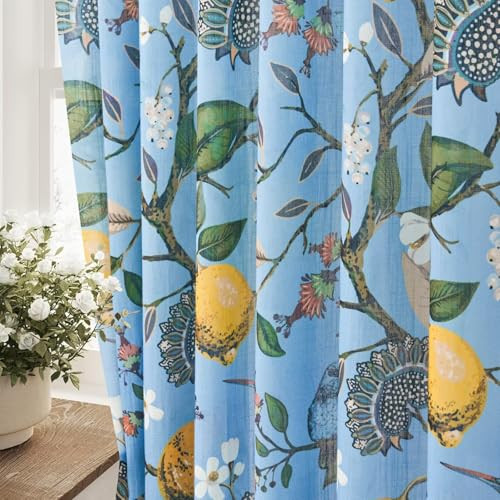 Drapenova Blue Floral Curtains 84 Inch Length 2 Panels Semi Sheer Drapes with Watercolor Flower Hummingbird Paradise Design for Living Room Bedroom Rustic French Country Pinch Pleated Linen Drape | Amazon (US)