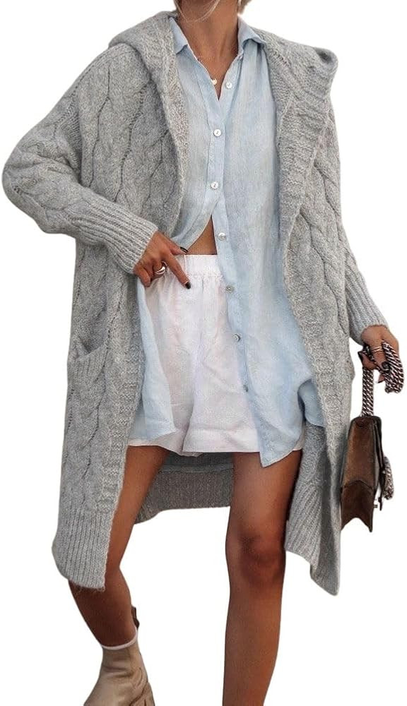 chouyatou Women's Cable Knit Hooded Long Cardigans Open Front Slouchy Cardigan Sweater Trench Coa... | Amazon (US)