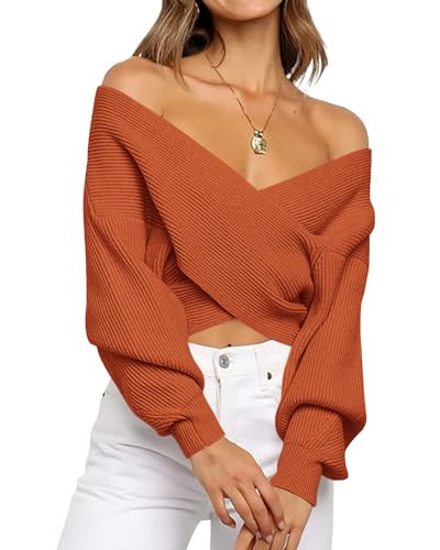 BTFBM Off The Shoulder Sweater for Women Winter Fall Fashion 2025 V Neck Long Sleeve Ribbed Knit Wrap Cropped Sweaters(Brown, Medium) | Amazon (US)