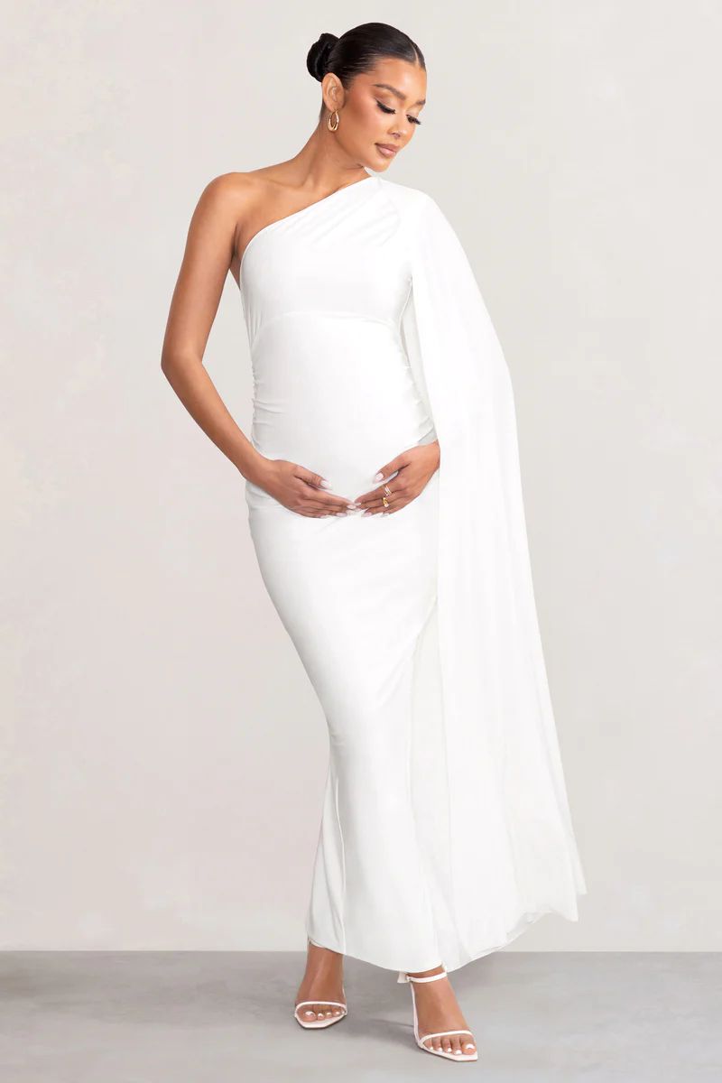 Amaryllis | White Maternity One Shoulder Maxi Dress with Cape Sleeve | Club L London