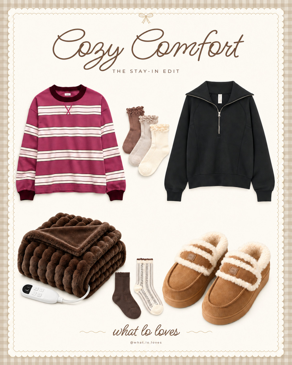 cozy comfort, the stay-in edit 🤎 everything I want for slow mornings and cozy nights in: the softest striped crew, my favorite black half zip, a faux fur heated throw, ruffle socks and the ALO shearling loafers. all linked here :) #cozyoutfit #loungewear #loungeset #fallstyle #cozyseason