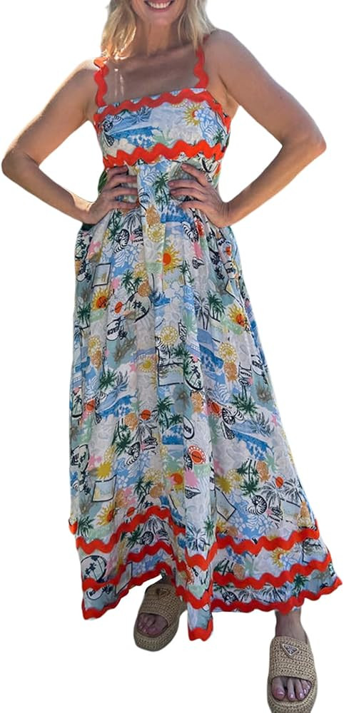 Women Boho Graphic Print Maxi Cami Dress Spaghetti Strap Tropical Long Dress Flowy Summer Vacatio... | Amazon (US)