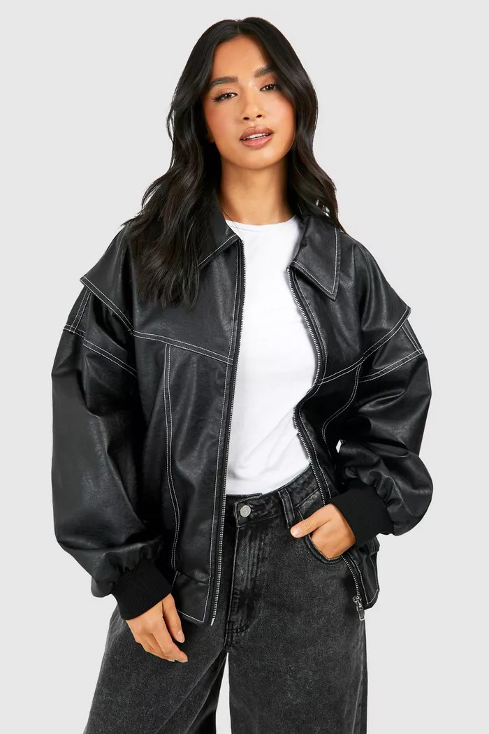 Petite Pu Contrast Stitch Oversized Bomber Jacket | boohoo (US & Canada)