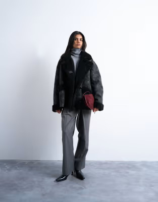 Shearling super oversized car coat in black | Topshop