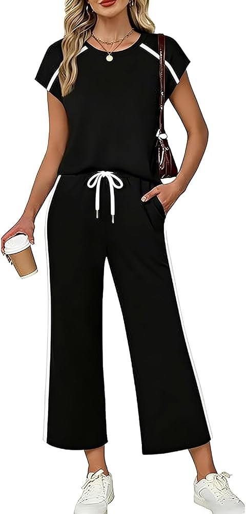 2 Piece Sets for Women Crew Neck Travel Airport Outfits Summer Fashion Clothing Cap Sleeve Tops W... | Amazon (US)