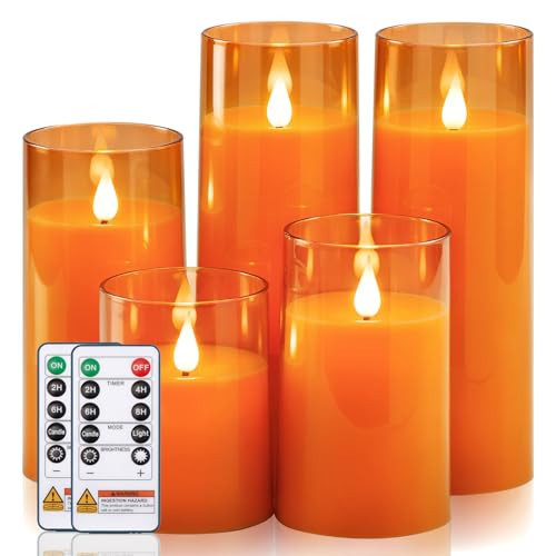 Homemory Halloween Orange Flameless Candles, Battery Operated LED Candles with Remote and Timer, Candles for Halloween Decoration, Fall, Harvest Festival, Set of 5 | Amazon (US)