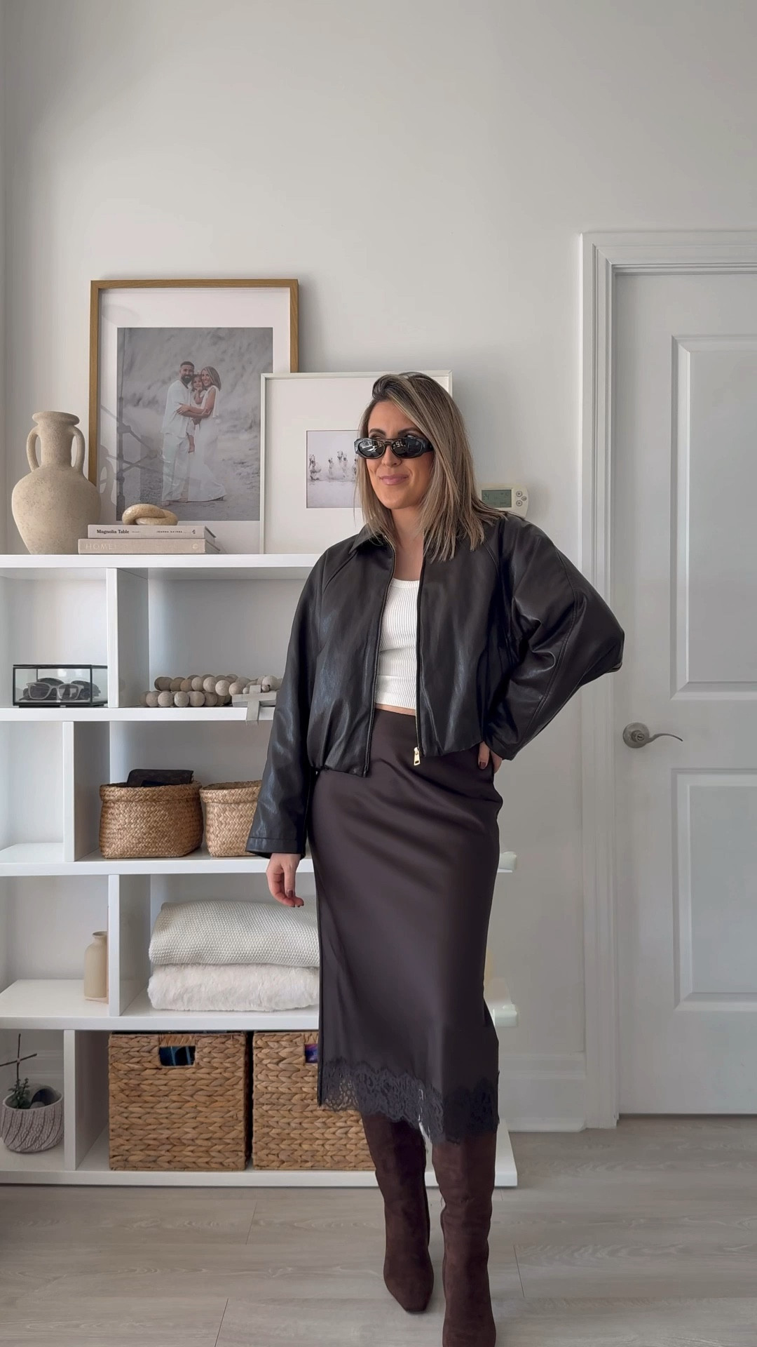 Brown lace skirt + brown leather jacket + brown suede boots 

#LTKSeasonal #LTKStyleTip