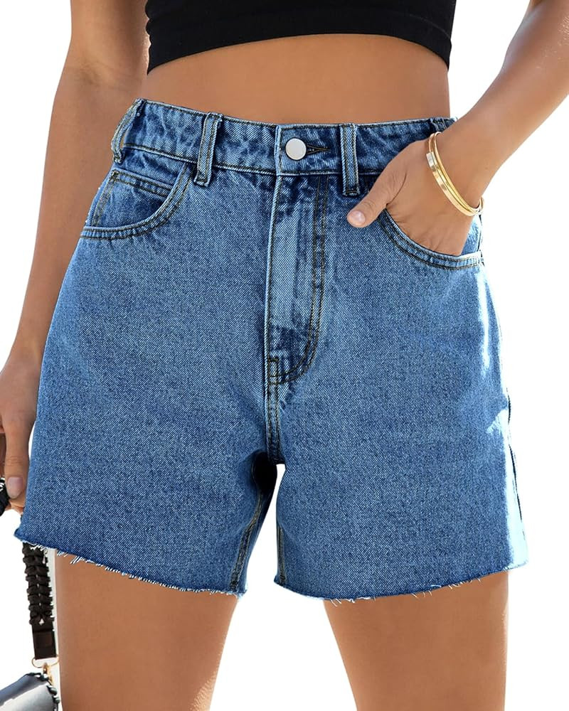 PLNOTME Womens Baggy Jean Shorts High Waisted Straight Leg Stretchy Raw Hem Mom Denim Shorts | Amazon (US)
