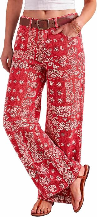 Tankaneo Womens Boyfriend Baggy Jeans Boho Wide Leg High Waist Denim Pants | Amazon (US)