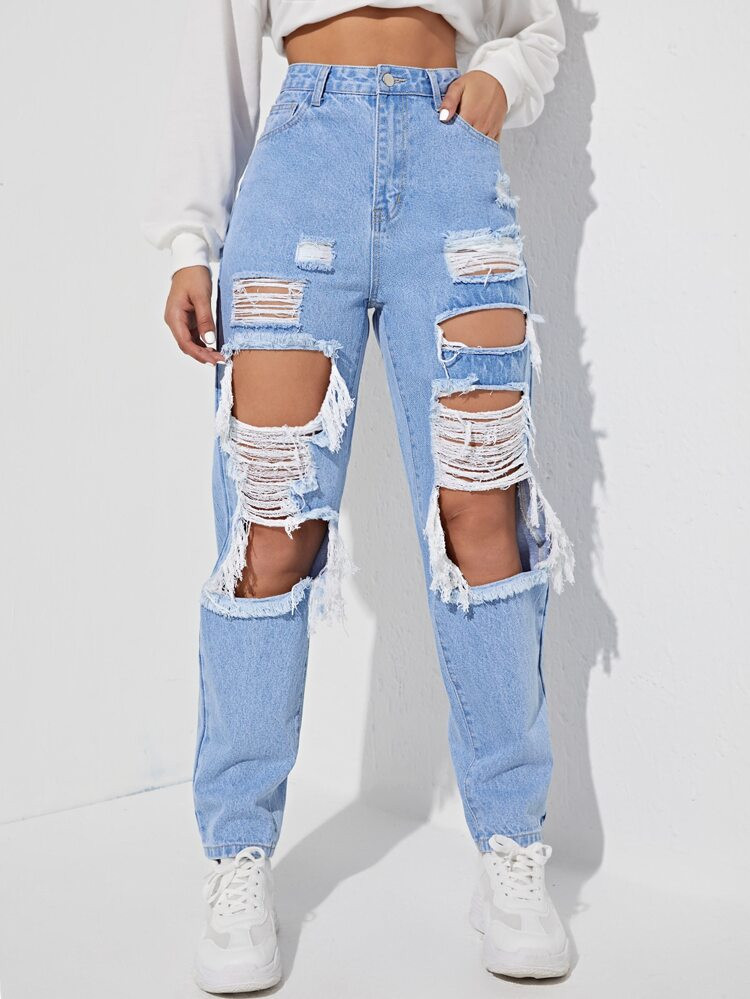 High Waist Cut Out Ripped Frayed Straight Leg Jeans | SHEIN