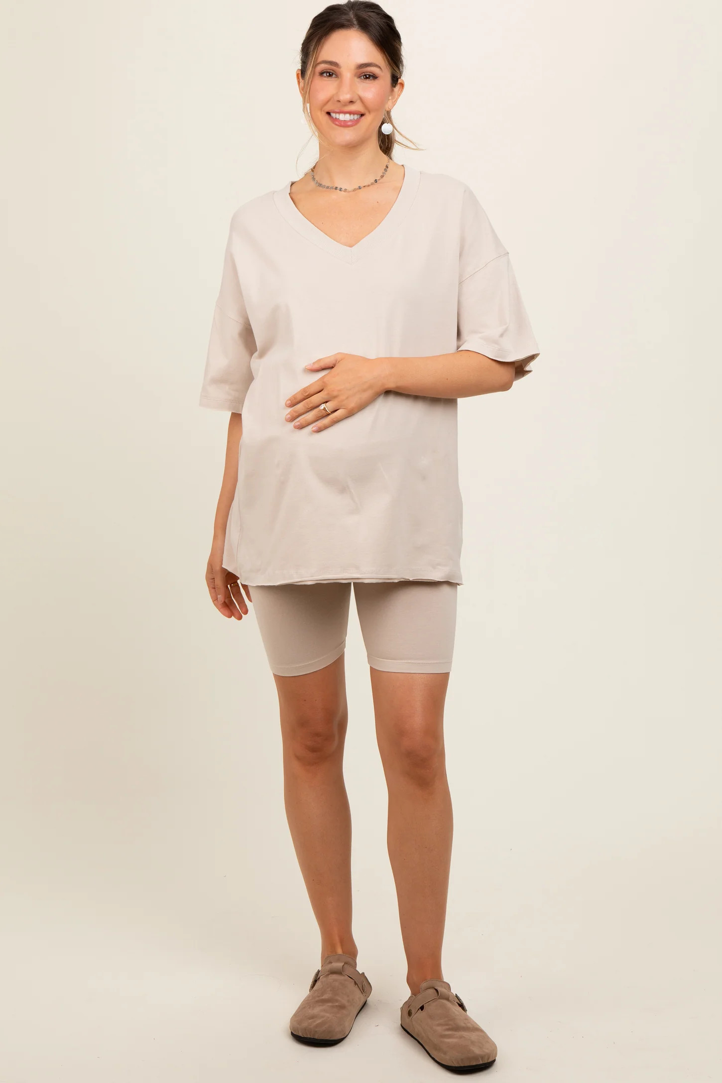 Beige Oversized V-Neck Biker Short Maternity Set | PinkBlush Maternity