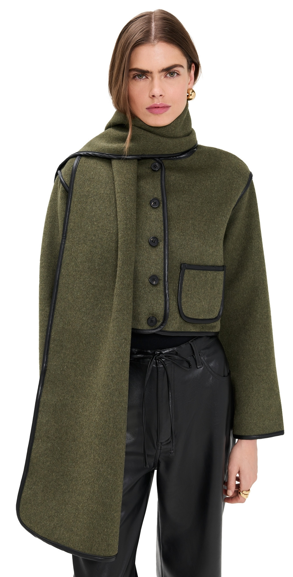 Moon River Faux Leather Trim Button Down Jacket Olive M | Shopbop