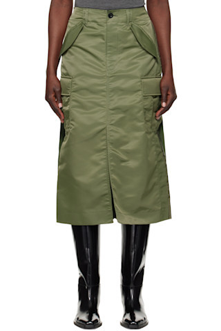 sacai - Khaki Nylon Twill Midi Skirt | SSENSE