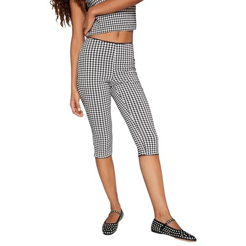 Women Gingham Capri Pants Plaid Cropped Pants Skinny Trousers 3/4 Length Pants Summer Going Out Bottoms (Black, L) | Amazon (US)