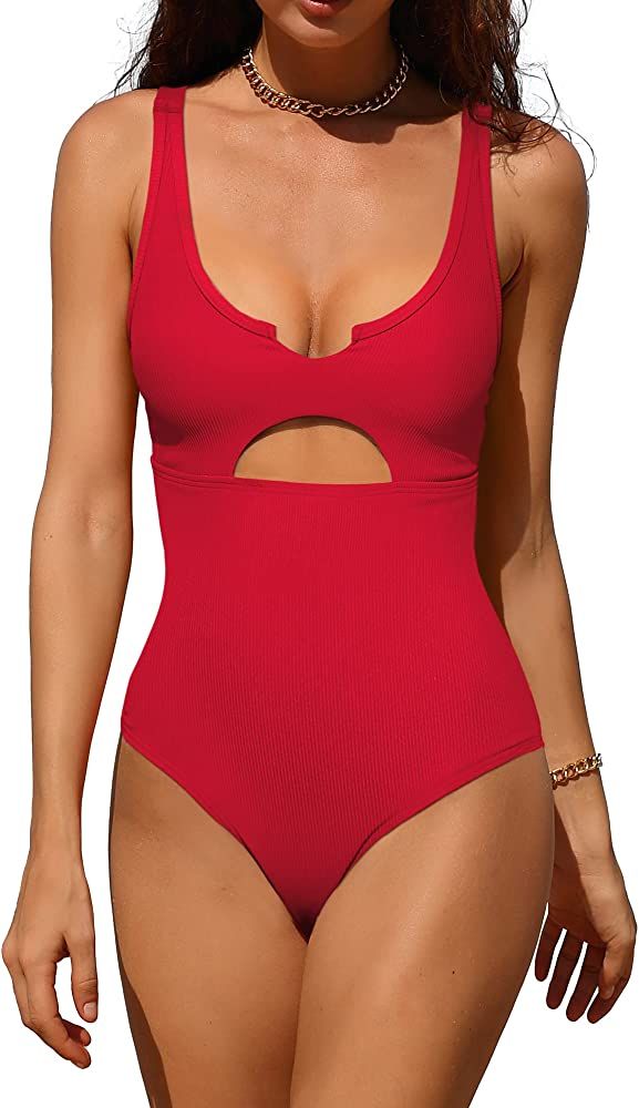Charmo Ribbed One Piece Swimsuits for Women Cutout Scoop Neck Bathing Suit High Cut Padded Monoki... | Amazon (US)