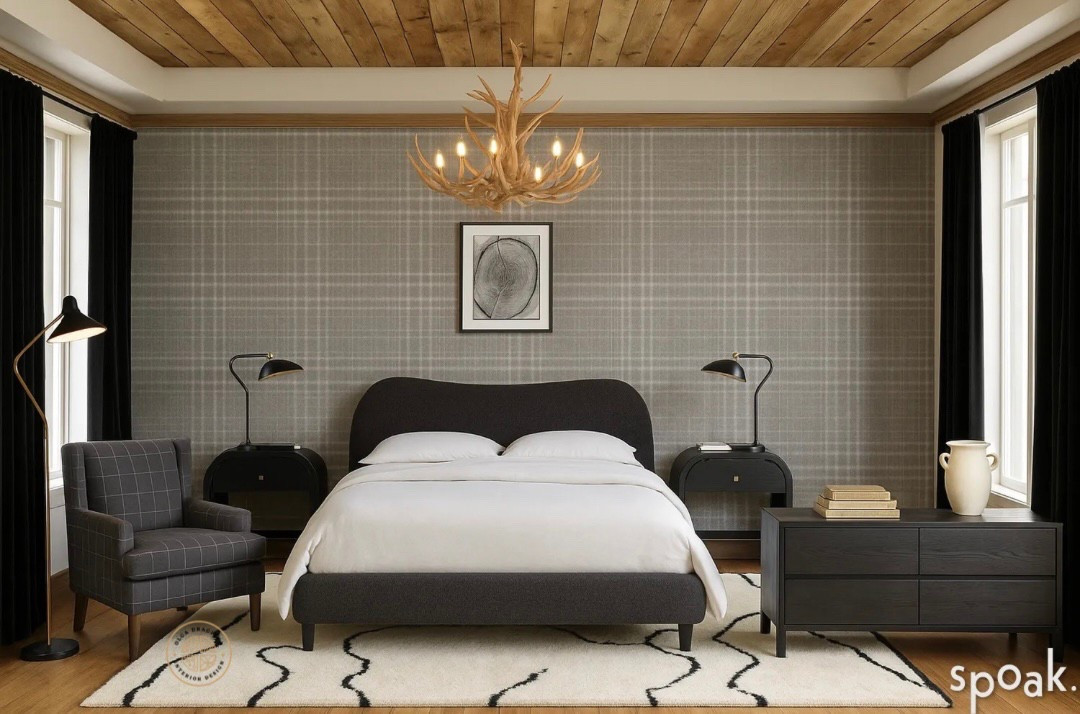 Gorgeous and elevated cabin bedroom design, black & white design, curvy queen bed, plaid wallpaper, beautiful black dresser and nightstands, rustic chandelier, plaid accent chair. #homedecor #bedroom 
