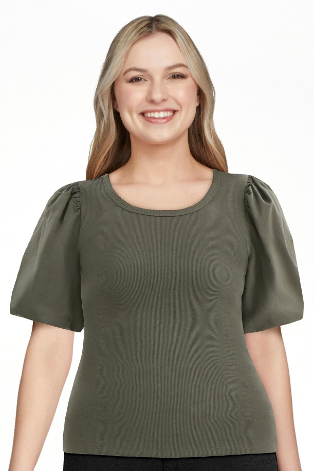Time And Tru Women's Mixed Media Top with Short Puff Sleeves, Sizes XS-XXXL | Walmart (US)