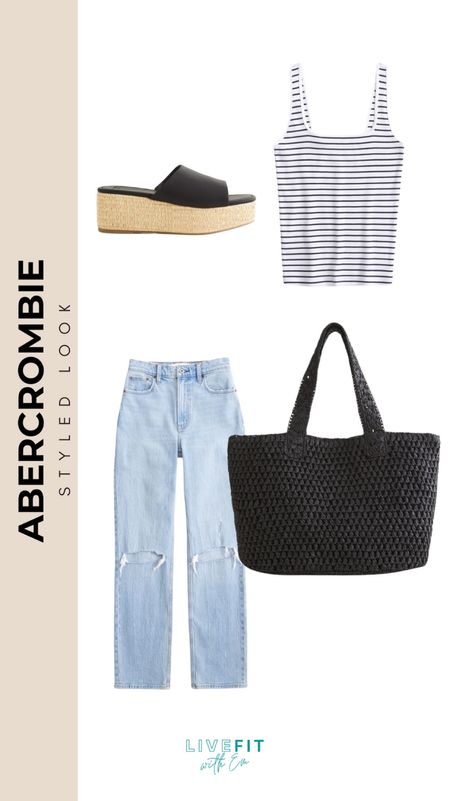 Step into effortless style with this chic Abercrombie ensemble. Light-washed, distressed jeans paired with a classic striped tank top create an iconic duo. Elevate the look with a textured tote and stylish platform sandals. Perfect for a casual day out or a laid-back evening. #AbercrombieStyle #CasualChic #SaleAlert

#LTKshoecrush #LTKsalealert #LTKstyletip