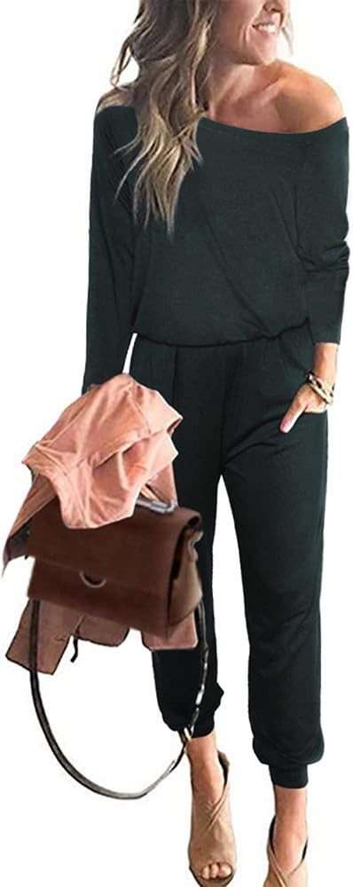 PRETTYGARDEN Women's Casual Long Sleeve Jumpsuit Crewneck Off Shoulder Elastic Waist Stretchy Romper | Amazon (US)