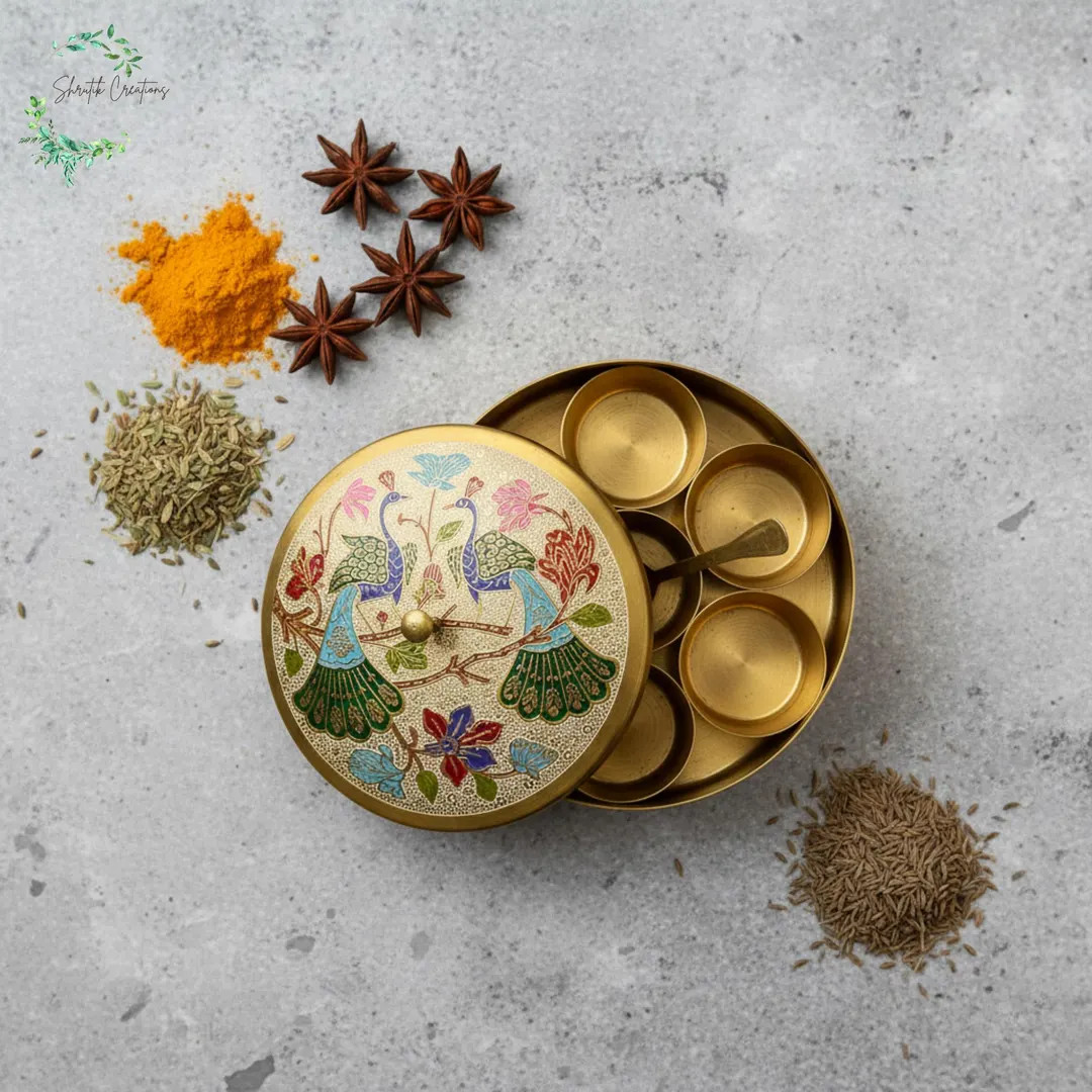 Handcrafted Brass Masala Box with Hand-Painted Peacock Design | Indian Spice Box for Kitchen & Di... | Etsy (US)